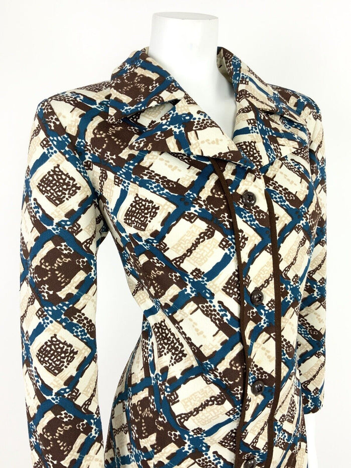 VINTAGE 60s 70s WHITE BROWN BLUE BEIGE GEOMETRIC PLAID SHIRT DRESS 14 16