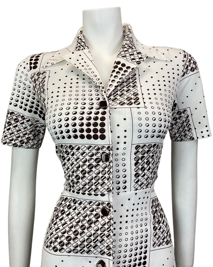 VINTAGE 60s 70s WHITE BROWN DOTTY CIRCLE GEOMETRIC MOD DAGGER SHIRT DRESS 10 12