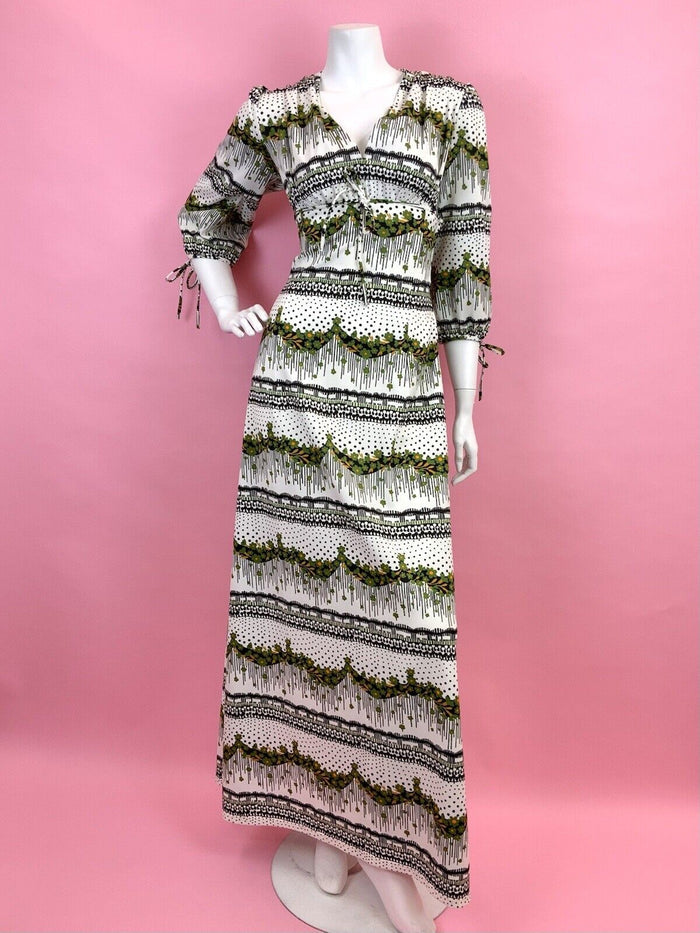 VINTAGE 60s 70s WHITE GREEN BLACK FLORAL DOTTY STRIPED PSYCHEDELIC MAXI DRESS 12