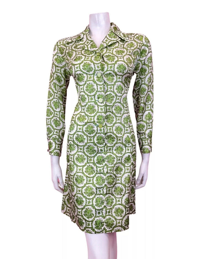 VINTAGE 60s 70s WHITE GREEN FLORAL DAISY CHAIN MOD DAGGER SHIRT DRESS 10 12