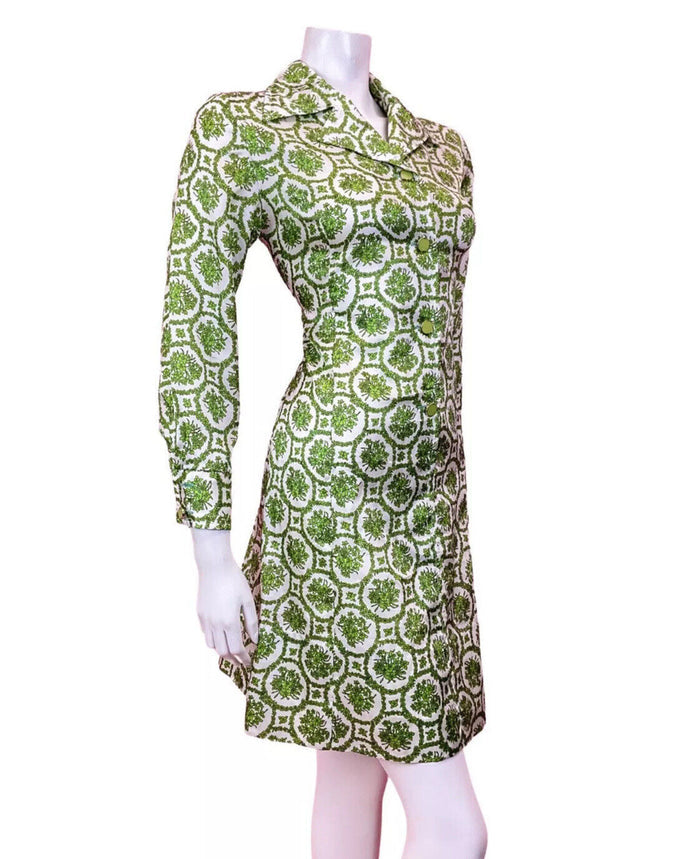 VINTAGE 60s 70s WHITE GREEN FLORAL DAISY CHAIN MOD DAGGER SHIRT DRESS 10 12