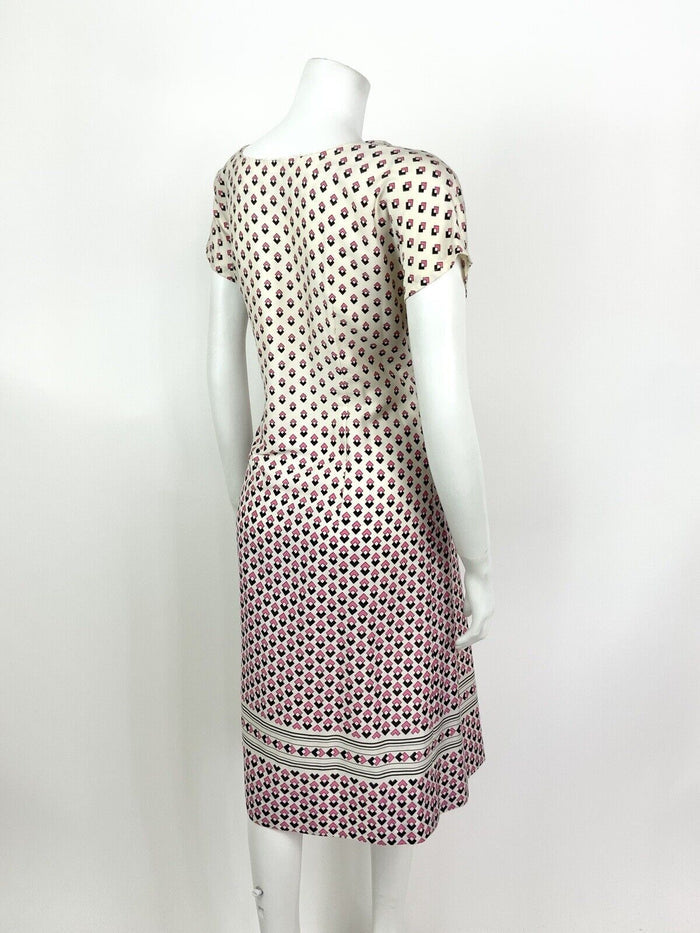 VINTAGE 60s 70s WHITE PINK BLACK GEOMETRIC SQUARE MIDI DRESS 14 16