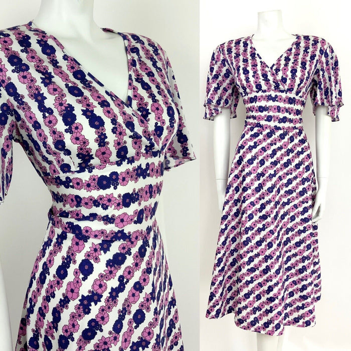 VINTAGE 60s 70s WHITE PINK PURPLE FLORAL STRIPED FLUTTER SLEEVE SWING DRESS 14
