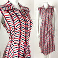 VINTAGE 60s 70s WHITE RED BLUE ZIG-ZAG GEOMETRIC DAGGER SHIRT MOD DRESS 12 14