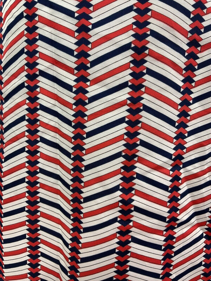 VINTAGE 60s 70s WHITE RED BLUE ZIG-ZAG GEOMETRIC DAGGER SHIRT MOD DRESS 12 14