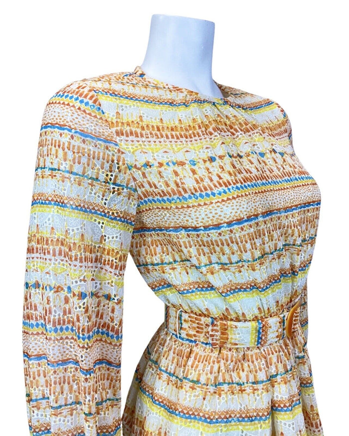 VINTAGE 60s 70s YELLOW BLUE ORANGE ANGLAISE EMBROIDERED STRIPED SHEER DRESS 4