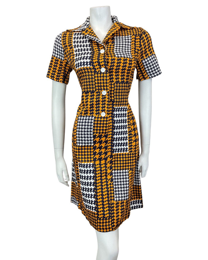 VINTAGE 60s STYLE 90s ORANGE BLUE WHITE GEOMETRIC DOGTOOTH DAGGER SHIRT DRESS 12