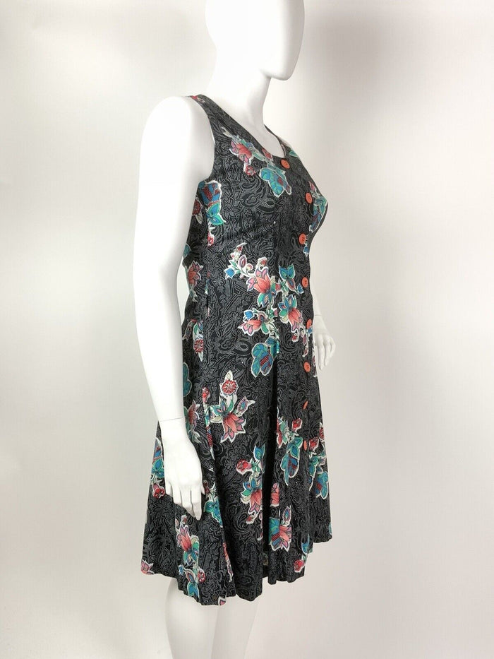 VINTAGE 70s 80s BLACK WHITE BLUE ORANGE DOTTY FLORAL PAISLEY SLEEVELESS DRESS 16