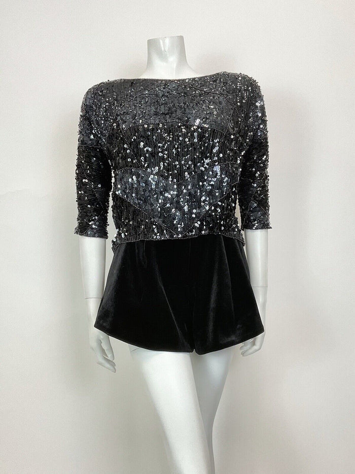 VINTAGE 70s BLACK SEQUIN BEADED DISCO PARTY GLAM CROPPED BLOUSE TOP 12