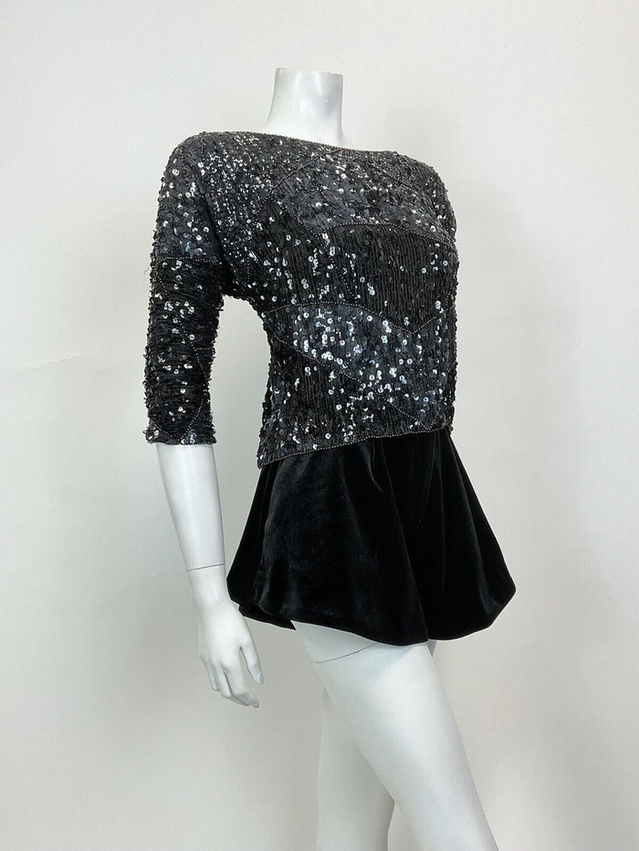 VINTAGE 70s BLACK SEQUIN BEADED DISCO PARTY GLAM CROPPED BLOUSE TOP 12