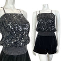 VINTAGE 70s BLACK WAVY SEQUIN BLOUSON SPAGHETTI STRAP STUDIO 54 DISCO TOP 8