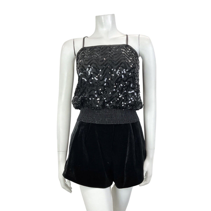 VINTAGE 70s BLACK WAVY SEQUIN BLOUSON SPAGHETTI STRAP STUDIO 54 DISCO TOP 8