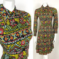 VTG 60 70s BLACK BLUE YELLOW RED FLORAL AZTEC FOLK GYPSY DAGGER SHIRT DRESS 8 10
