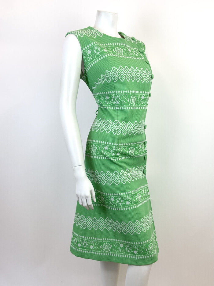 VTG 60s 70s APPLE GREEN WHITE STRIPED GEOMETRIC FLORAL SLEEVELESS DRESS 14 16