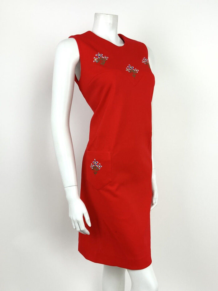 VTG 60s 70s APPLE RED BLUE WHITE FLORAL EMBROIDERY MOD PINAFORE SHIFT DRESS 12