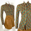 VTG 60s 70s BLACK ORANGE BLUE GREEN GEOMETRIC TRELLIS DAGGER SHIRT BLOUSE 4 6