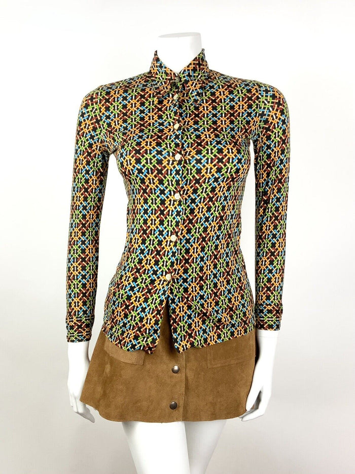 VTG 60s 70s BLACK ORANGE BLUE GREEN GEOMETRIC TRELLIS DAGGER SHIRT BLOUSE 4 6