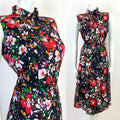 VTG 60s 70s BLACK RED WHITE GREEN FLORAL BELTED MOD SLEEVELESS SHIRT DRESS 12 14
