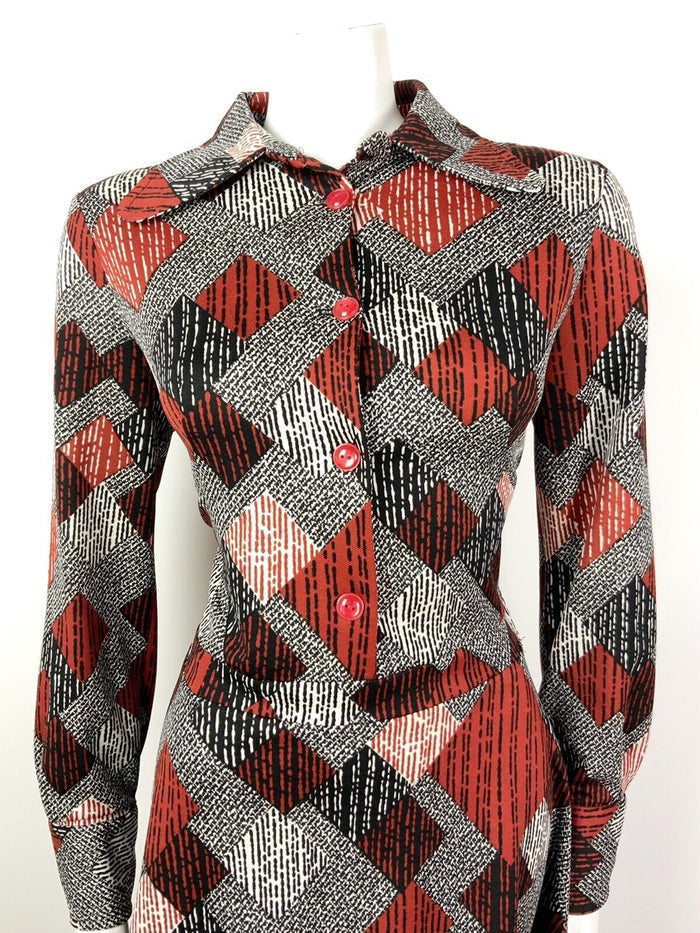 VTG 60s 70s BLACK WHITE RED GEOMETRIC STRIPED DOG EAG COLLAR SHIRT DRESS 14 16