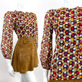 VTG 60s 70s BLUE GOLD RED ORANGE POLKA-DOT FLORAL EMBROIDERED SHEER BLOUSE 6 8