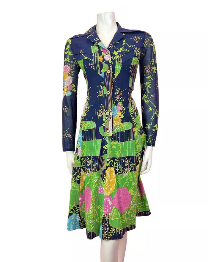 VTG 60s 70s BLUE PINK GREEN FLORAL GARDEN ROSE SHEER DAGGER SHIRT DRESS 10 12