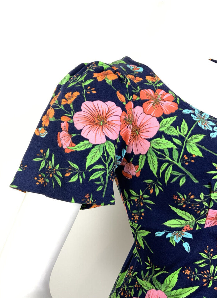 VTG 60s 70s BLUE PINK GREEN RED FLORAL BOTANICAL PSYCHEDELIC MAXI DRESS 10 12