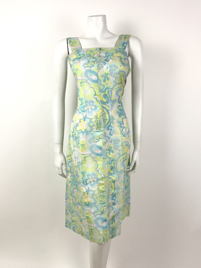 VTG 60s 70s BLUE PINK YELLOW GREEN PSYCHEDELIC FLORAL SLEEVELESS PINNY DRESS 10