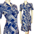 VTG 60s 70s BLUE WHITE GEOMETRIC POLKA-DOT PALM TREE MOD DAGGER SHIRT DRESS 10