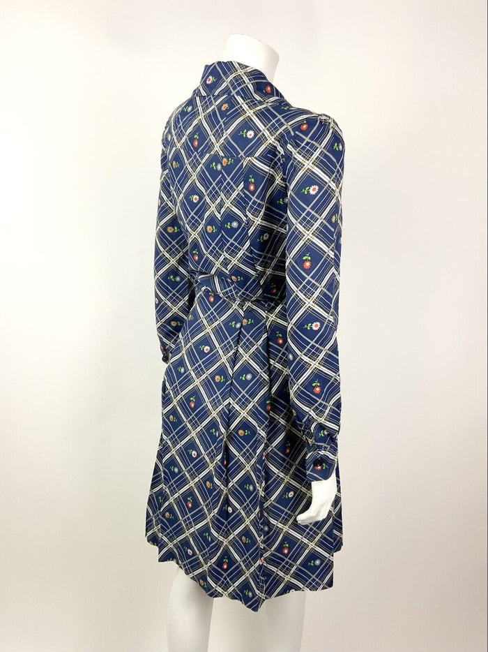 VTG 60s 70s BLUE WHITE SILVER RED PLAID CHECKED DAISY FLORAL SHIRT DRESS 12 14