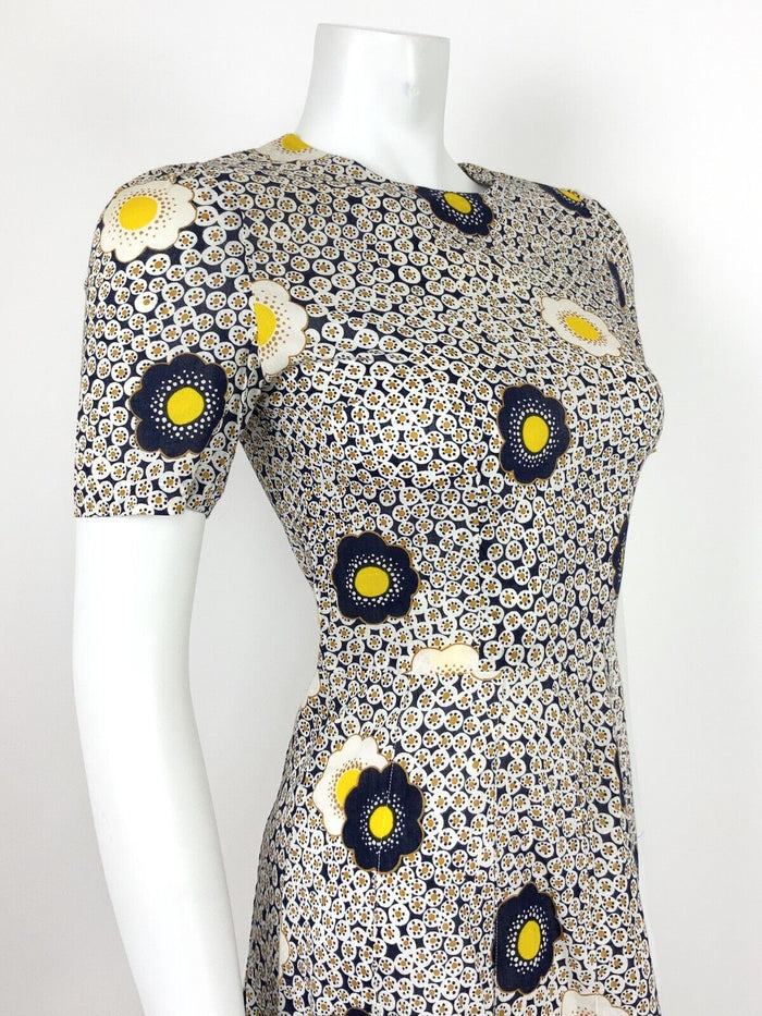 VTG 60s 70s BLUE WHITE YELLOW FLORAL MOD DAISY DOTTY DRESS SUMMER HIPPY 8