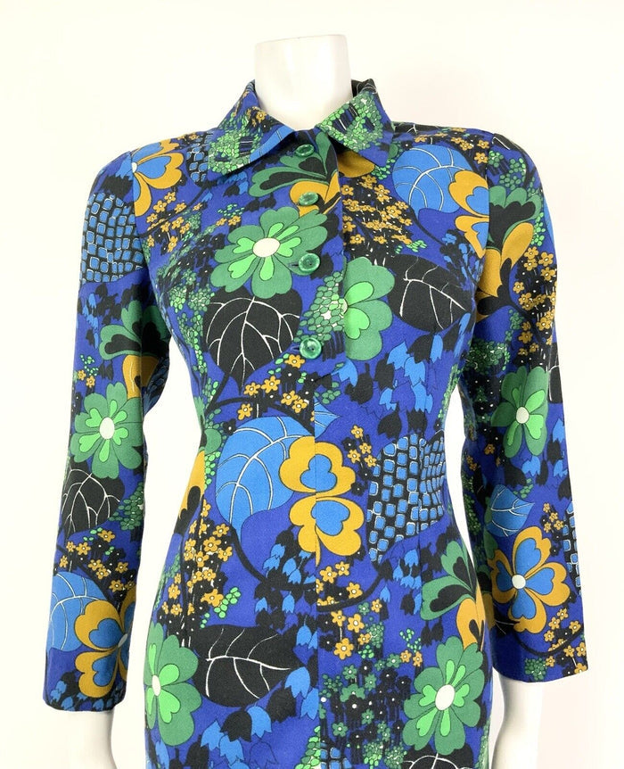 VTG 60s 70s BLUE YELLOW BLACK GREEN FLORAL LEAFY PSYCHEDELIC SHIRT DRESS 10 12