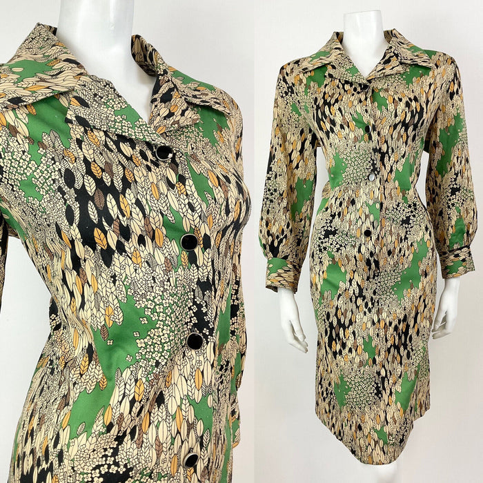 VTG 60s 70s CREAM GREEN BLACK FLORAL LEAFY PSYCHEDELIC DAGGER SHIRT DRESS 16 18