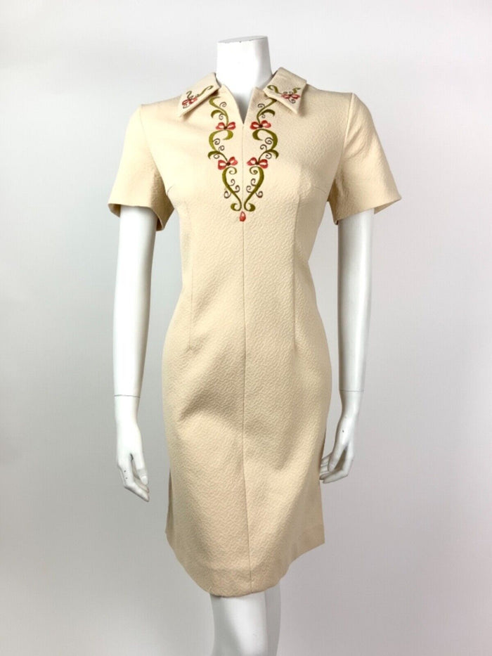 VTG 60s 70s CREAM GREEN RED BROWN SWIRL EMBROIDERED DAGGER COLLAR DRESS 12 14