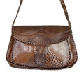 VTG 60s 70s DARK BROWN LEATHER STAMPED MANDALA CROCODILE CHAIN SHOULDER BAG