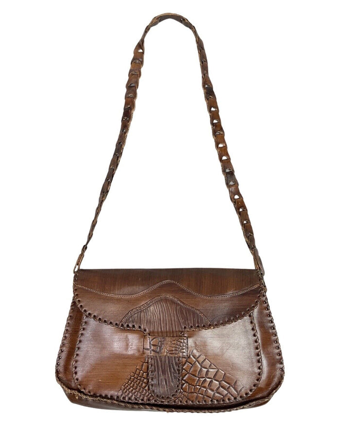 VTG 60s 70s DARK BROWN LEATHER STAMPED MANDALA CROCODILE CHAIN SHOULDER BAG