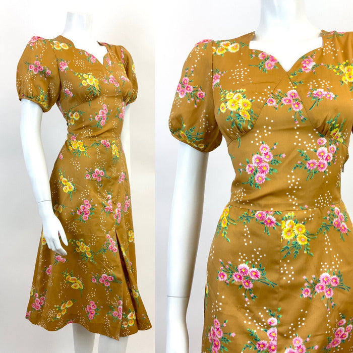 VTG 60s 70s GOLDEN BROWN  TAN GREEN PINK FLORAL DOTTY PUFF SLEEVE TEA DRESS 10