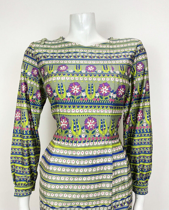 VTG 60s 70s GREEN BLUE PURPLE STRIPED DAISY GEOMETRIC MOD LONGSLEEVE DRESS 12 14