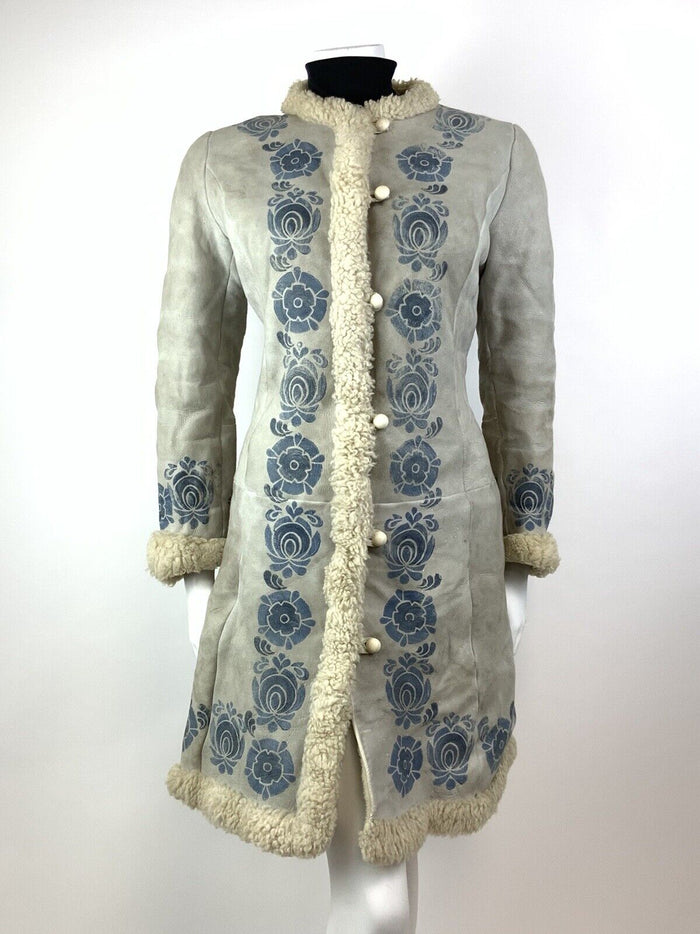 VTG 60s 70s GREY CREAM BLUE FLORAL SUEDE SHEARLING SHEEPSKIN MOD COAT 12 14
