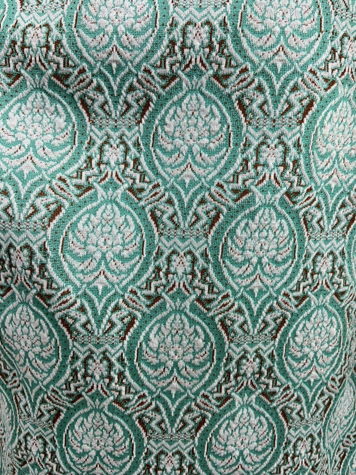 VTG 60s 70s MINT GREEN WHITE BROWN DAMASK ART NOUVEAU FLORAL COLLAR DRESS 12 14
