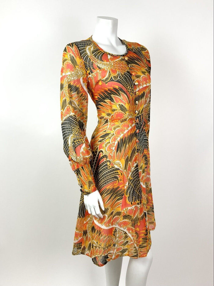 VTG 60s 70s ORANGE YELLOW BLACK FEATHER PSYCHEDELIC CARNIVAL SHEER DRESS 8 10