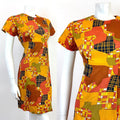 VTG 60s 70s ORANGE YELLOW RED BLACK PSYCHEDELIC CHECKED ABSTRACT MOD DRESS 12