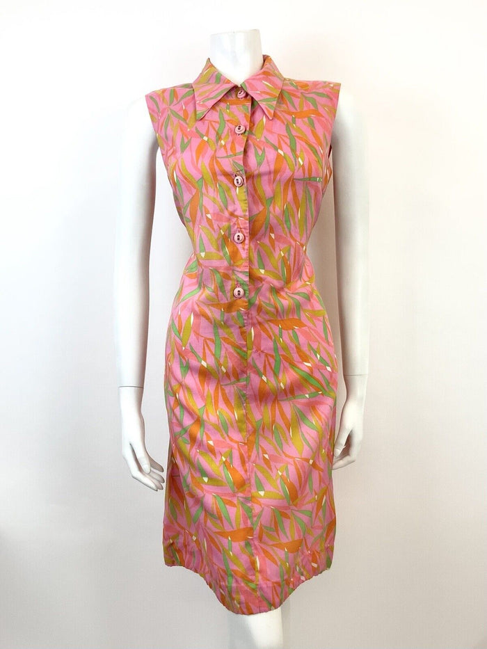 VTG 60s 70s PINK GREEN ORANGE PSYCHEDELIC LEAFY DAGGER SHIRT SHIFT DRESS 10 12
