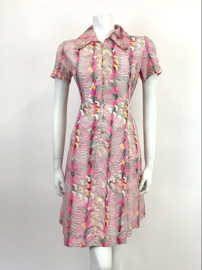 VTG 60s 70s PINK YELLOW WHITE WAVY PSYCHEDELIC WING COLLAR MOD SHIRT DRESS 10 12