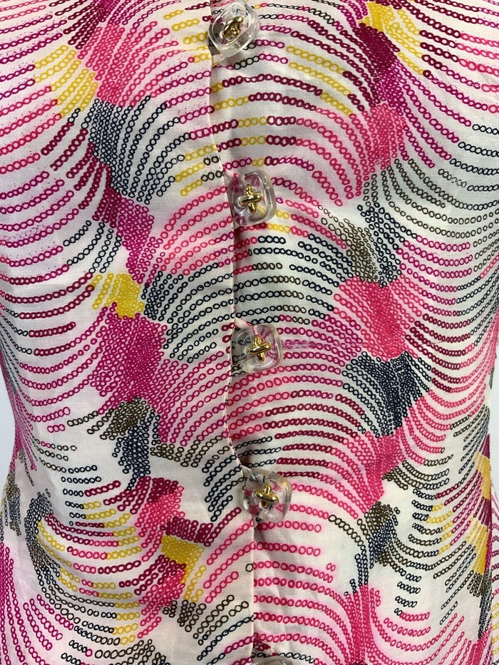 VTG 60s 70s PINK YELLOW WHITE WAVY PSYCHEDELIC WING COLLAR MOD SHIRT DRESS 10 12