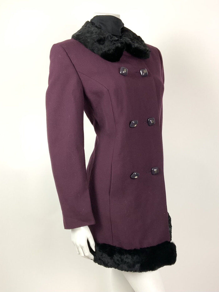 VTG 60s 70s PLUM PURPLE BLACK FUR TRIM PRINCESS MOD WOOL SHORT COAT 12 14