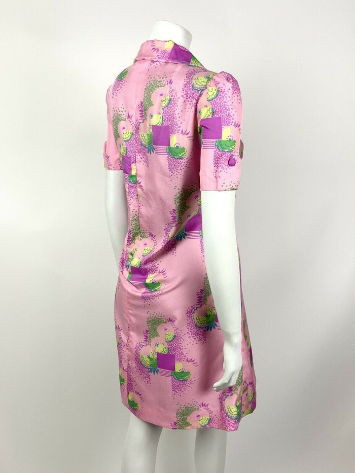 VTG 60s 70s PSYCHEDELIC PINK PURPLE BLUE GREEN SQUARE FLORAL SHIRT DRESS 12