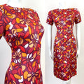 VTG 60s 70s PURPLE PEACH RED FLORAL PETAL PSYCHEDELIC MOD FITTED DRESS 10 12