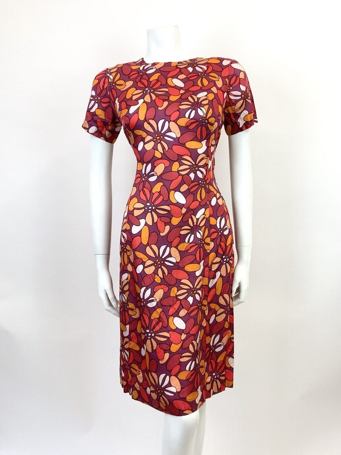 VTG 60s 70s PURPLE PEACH RED FLORAL PETAL PSYCHEDELIC MOD FITTED DRESS 10 12