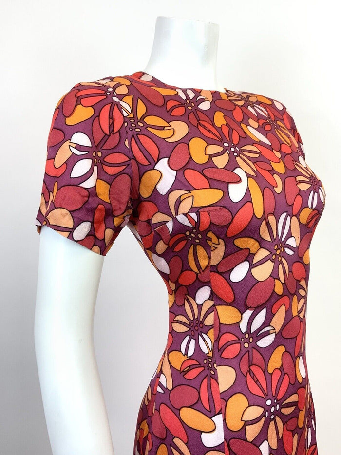 VTG 60s 70s PURPLE PEACH RED FLORAL PETAL PSYCHEDELIC MOD FITTED DRESS 10 12
