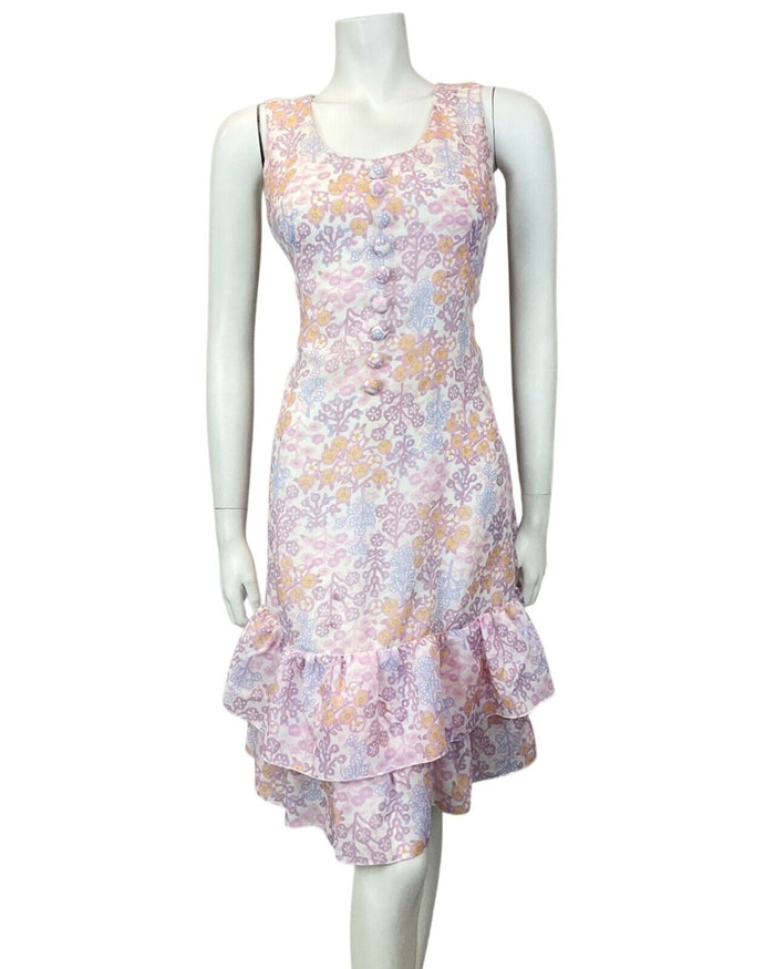 VTG 60s 70s PURPLE WHITE ORANGE FLORAL RUFFLED BETTY BARCLAY SUMMER DRESS 10